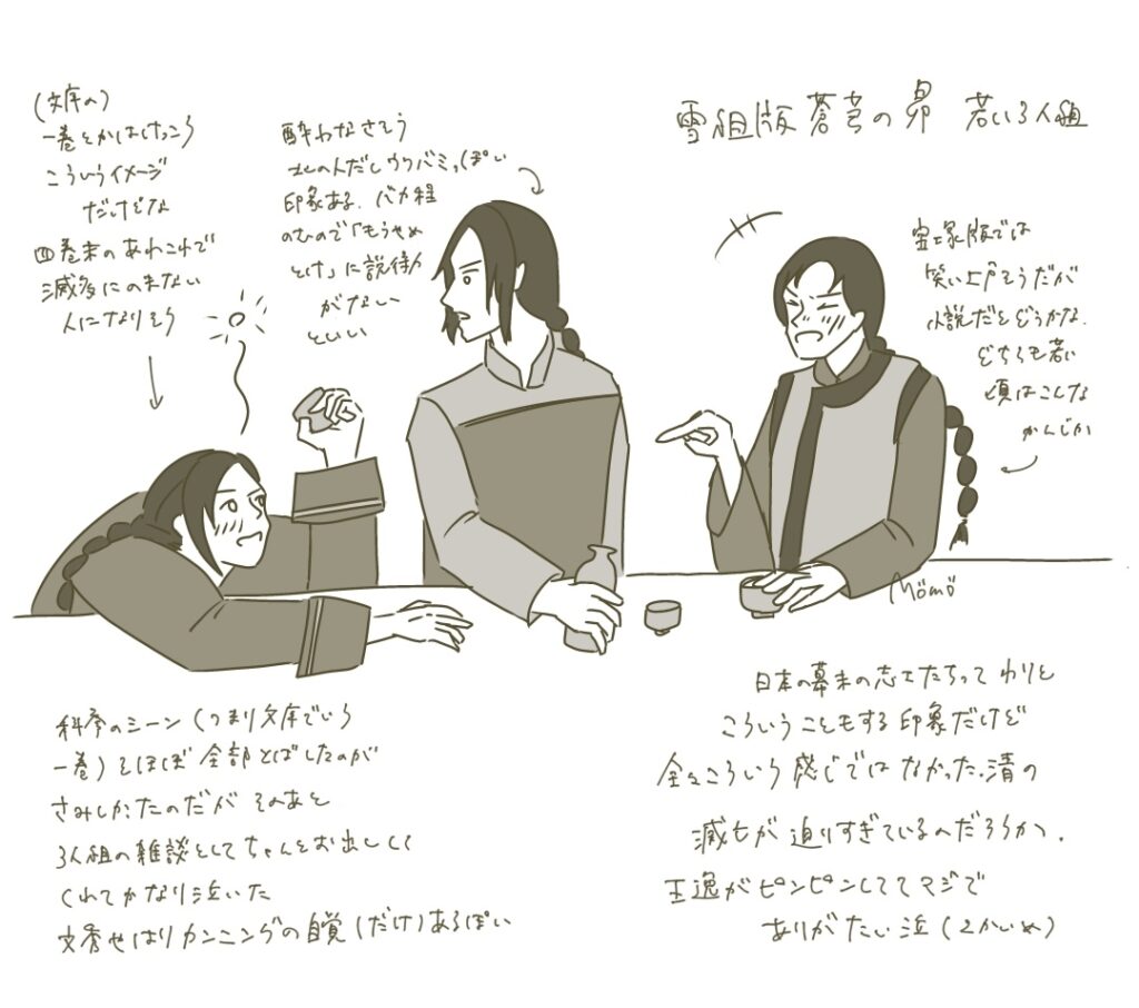 若い三人組が酒を飲んでいる図。